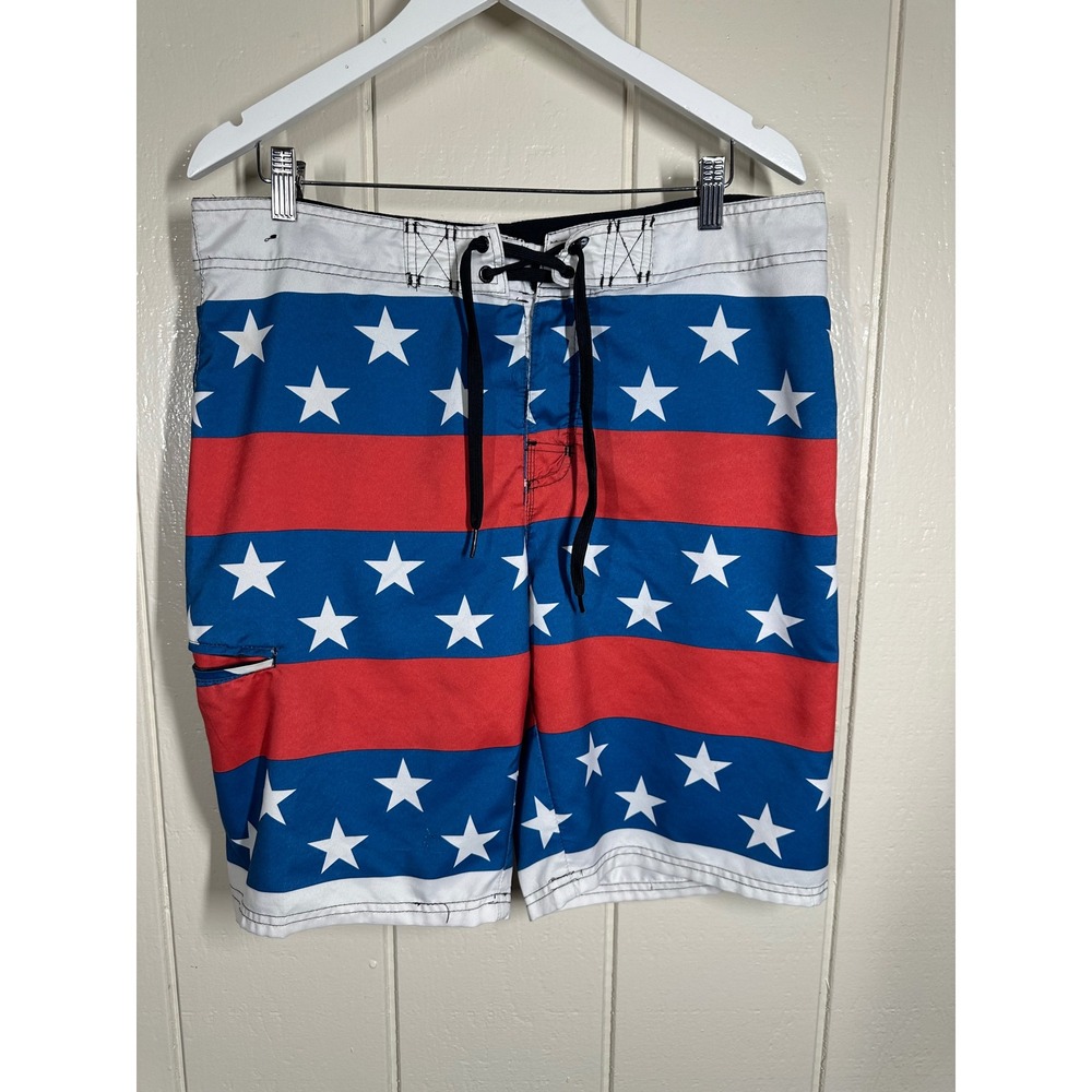 Hang Ten Board Shorts Mens 34 Red Blue Stars American Flag Swim Trunks Pocket